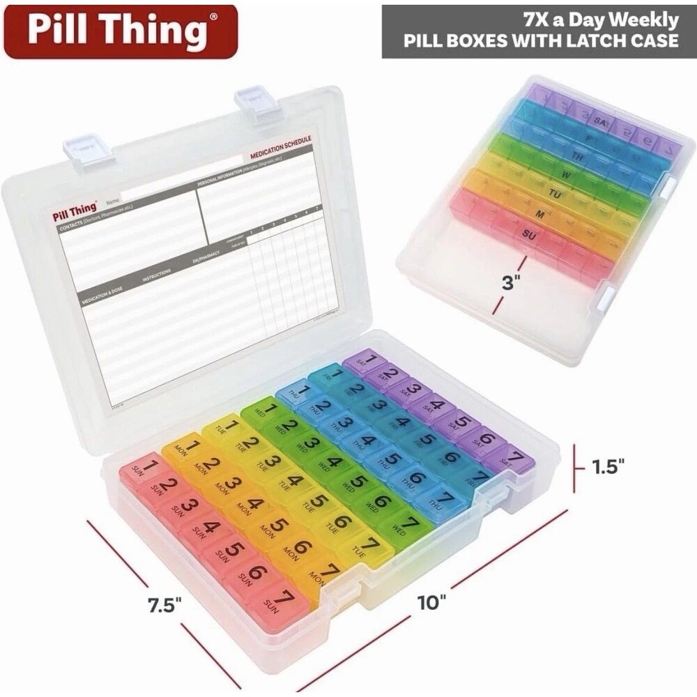7 Times a Day Weekly Pill Box Organizer Case, Secure 7X Pillbox w/Medication Map